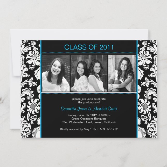 Damask Stripes Grad - Black/White/Pool Invitation (Front)