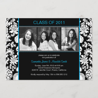 Damask Stripes Grad - Black/White/Pool Invitation