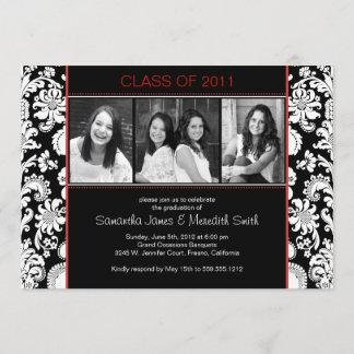 Damask Stripes Grad - Black/White/Red Invitation