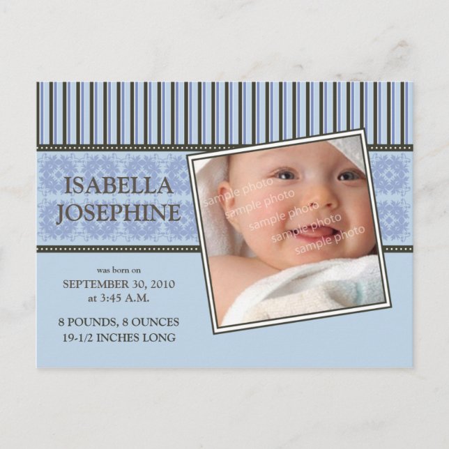 Damask & Stripes Periwinkle Birth Announcement (Front)
