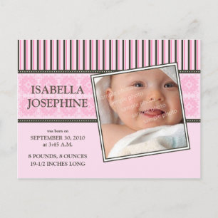 Damask & Stripes Pink Baby Birth Announcement Postcard