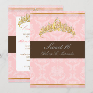 DAMASK SWEET 16/TIARA/PINK/CHOCOLATE INVITATION