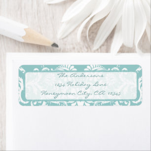 Damask Swirl Aqua Blue Retrun Address Label