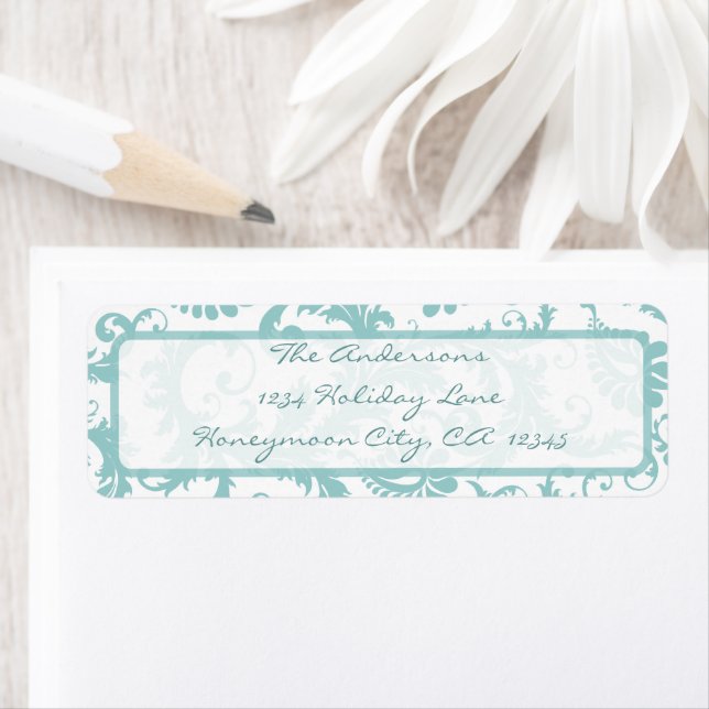 Damask Swirl Aqua Blue Return Address Label (Insitu)