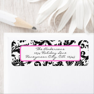 Damask Swirl Bright Pink & Black Address Label