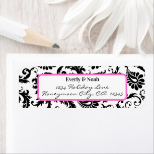 Damask Swirl Bright Pink & Black Address Label