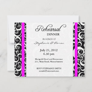 Damask Swirl Rehearsal Dinner Card in Fuchsia