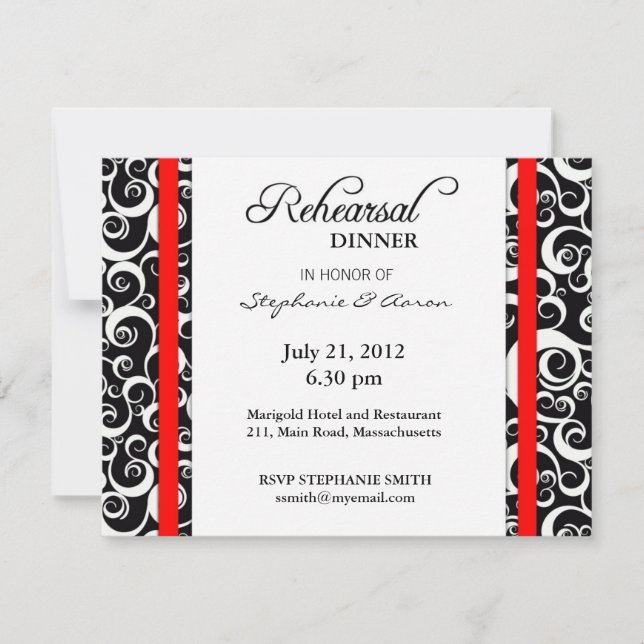 Damask Swirl Rehearsal Dinner Card in Red (Front)