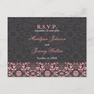 Damask Swirls Lace Charcoal RSVP Wedding Postcard
