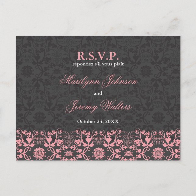 Damask Swirls Lace Charcoal RSVP Wedding Postcard (Front)