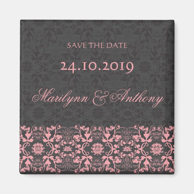 Damask Swirls Lace Charcoal Save The Date Magnet (Front)