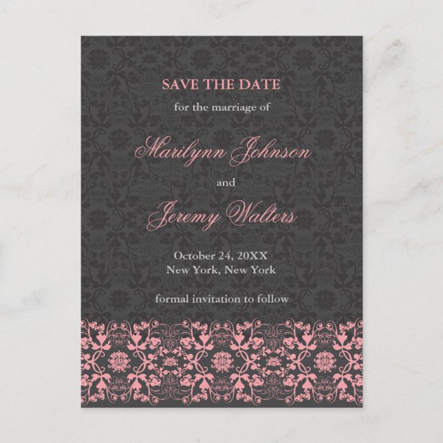 Damask Swirls Lace Charcoal Save The Date Postcard (Front)