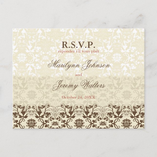 Damask Swirls Lace Coffee RSVP Wedding Postcard (Front)