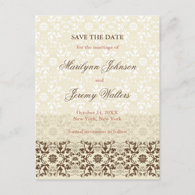 Damask Swirls Lace Coffee Save The Date Postcard (Front)