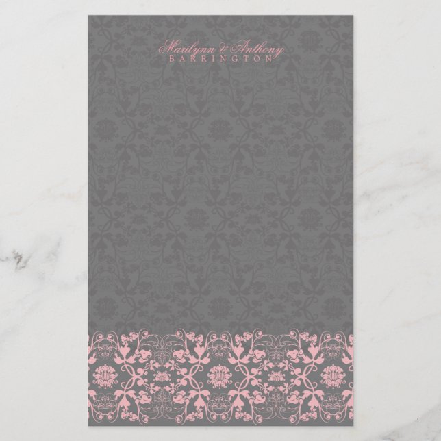 Damask Swirls Lace Liquorice Thank You Stationery (Front)