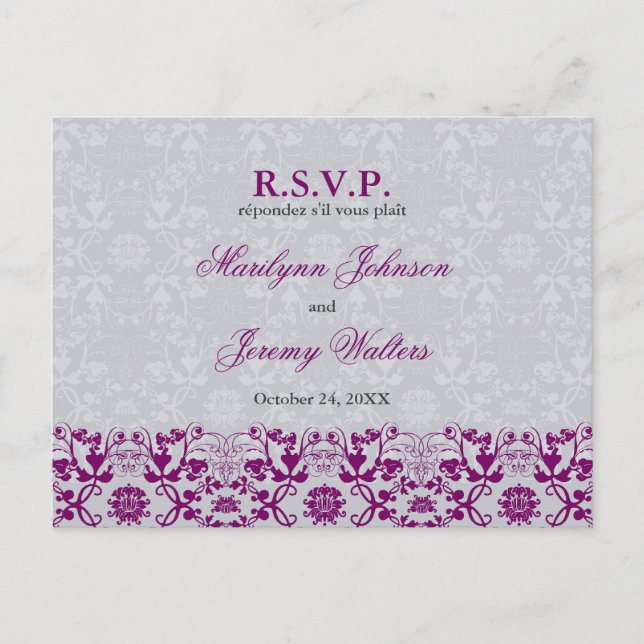 Damask Swirls Lace Orchid RSVP Wedding Postcard (Front)