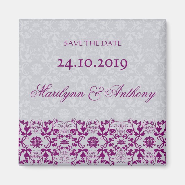 Damask Swirls Lace Orchid Save The Date Magnet (Front)