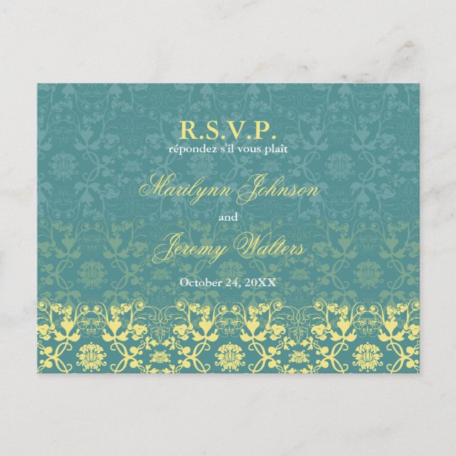 Damask Swirls Lace Peacock RSVP Wedding Postcard (Front)