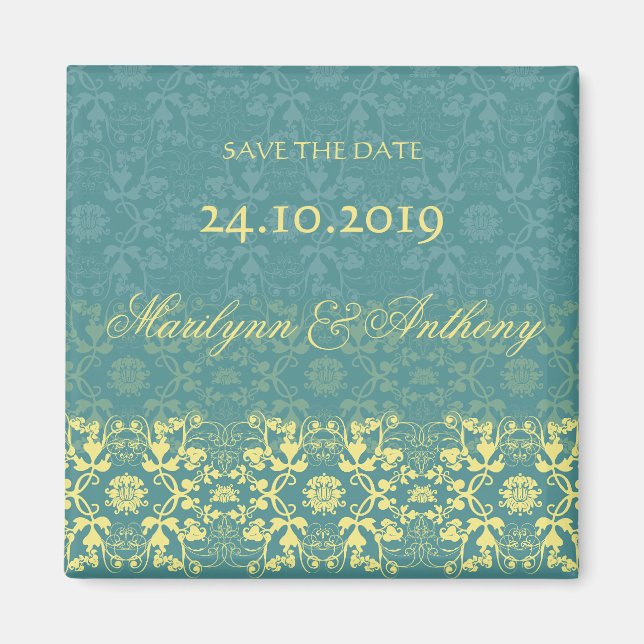 Damask Swirls Lace Peacock Save The Date Magnet (Front)