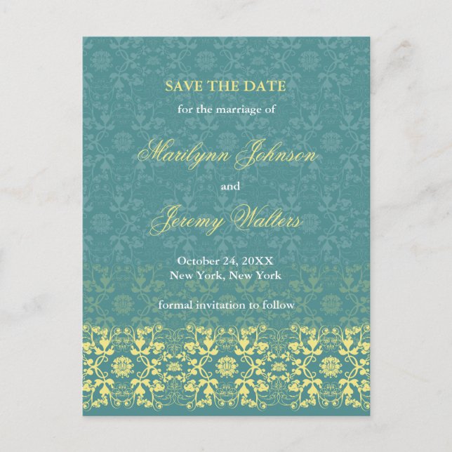 Damask Swirls Lace Peacock Save The Date Postcard (Front)