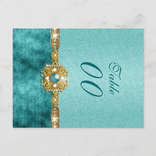 Damask "table number" wedding teal gold postcard (Front)