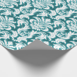 Damask Teal  Blue Turquoise Ocean White Velvet Wrapping Paper