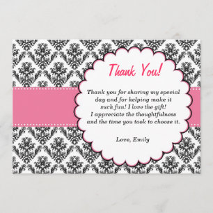 Damask Thank You Card Pink Black