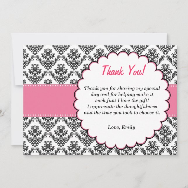 Damask Thank You Card Pink Black (Front)