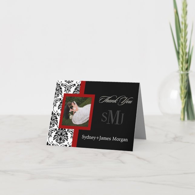 Damask Thank You Cards, wedding photos+monogram Card (Front)