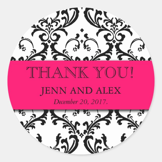 Damask Thank You Wedding Stickers Favours Hot Pink (Front)