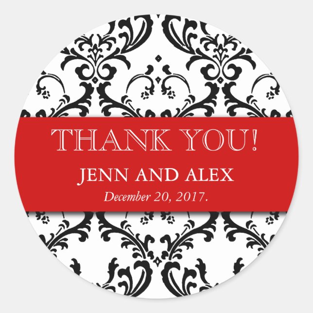 Damask Thank You Wedding Stickers Favours Red (Front)