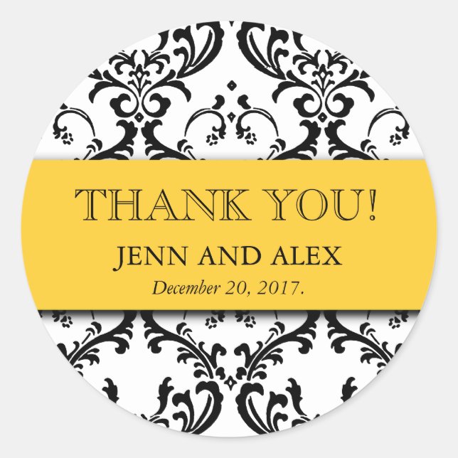 Damask Thank You Wedding Stickers Favours Yellow (Front)