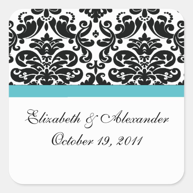 Damask Turquoise Blue Bridal Shower Square Sticker (Front)