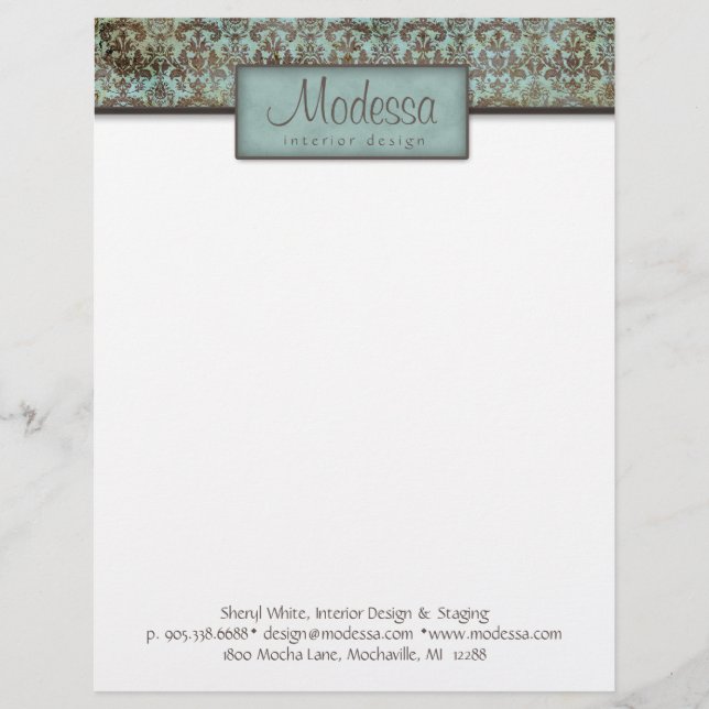 Damask Turquoise Blue Brown Interior Design Customized Letterhead (Front)