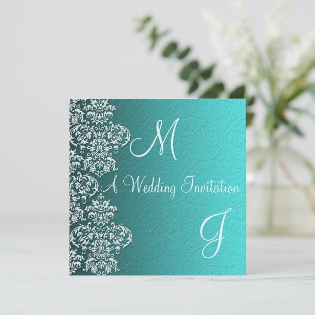 Damask Turquoise Wedding Invitation (Standing Front)