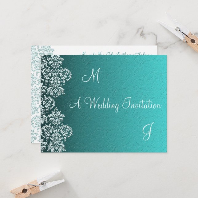 Damask Turquoise Wedding Invitation (Front/Back In Situ)