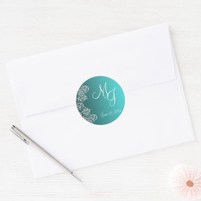 Damask Turquoise Wedding Round Stickers (Envelope)