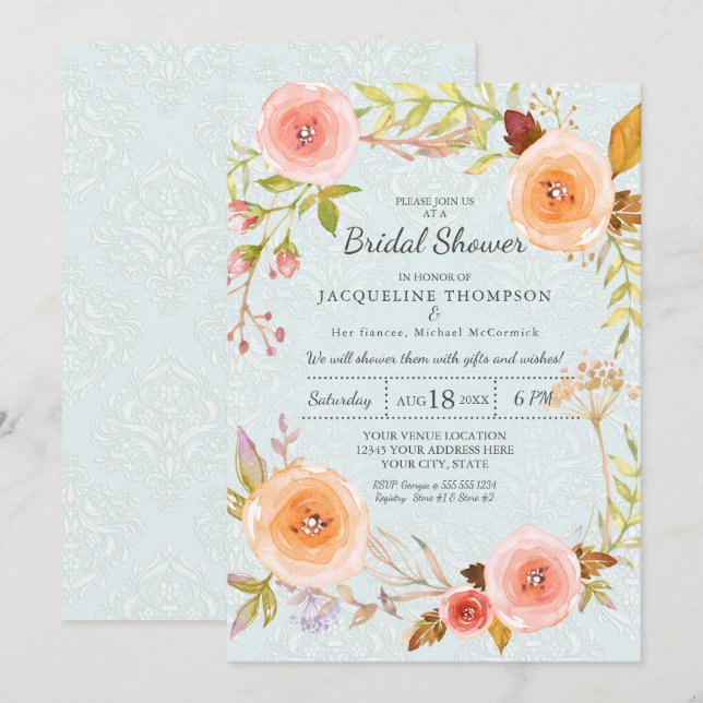 Damask Typography Blue n Pink Floral Wreath Bridal Invitation (Front/Back)