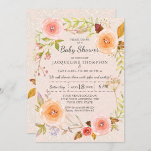 Damask Typography Blush n Gold Watercolor Floral Invitation
