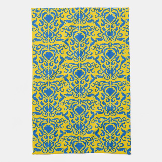 Damask Ukraine Energising Yellow Freedom Blue Tea Towel (Vertical)