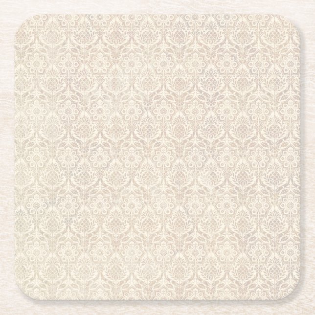 Damask Vanilla Pattern Square Paper Coaster (Front)