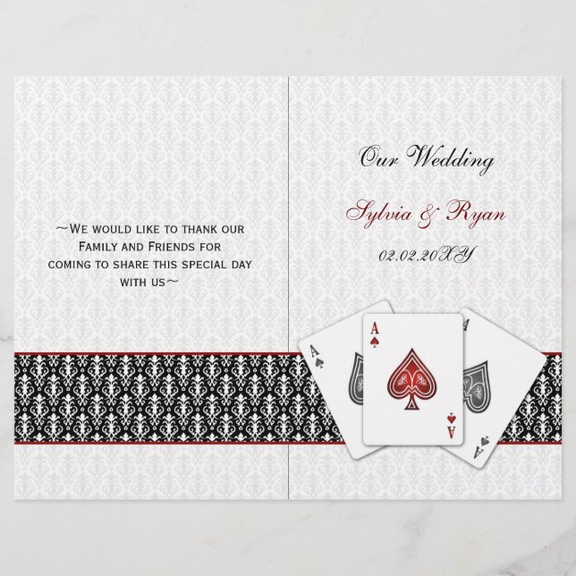 damask Vegas red folded Wedding program (Front)