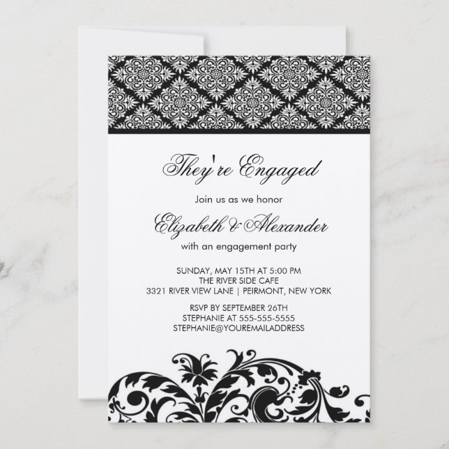Damask Vintage Engagement Party Invitation Black (Front)