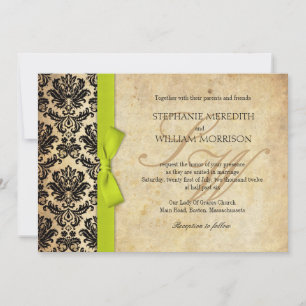 Damask Vintage Lime Bow Wedding Invitation
