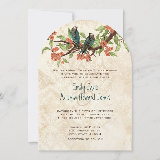 Damask Vintage Love Birds Tea Stain Wedding Invite (Front)