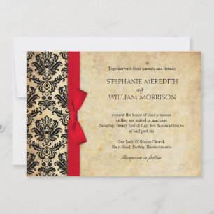 Damask Vintage Red Bow Wedding Invitation