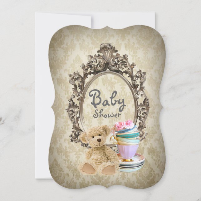 damask vintage teddy bear baby shower invitations (Front)