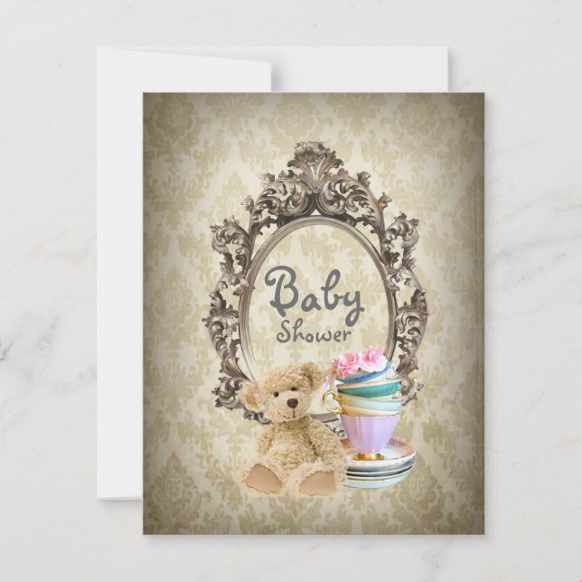 damask vintage teddy bear baby shower invitations (Front)