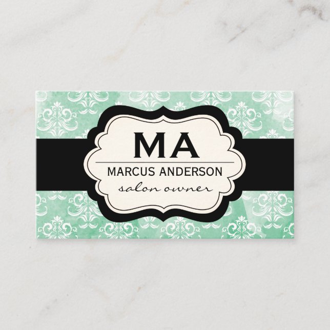 Damask / Water Colour (green) Business Card (Front)