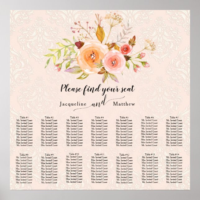 Damask Watercolor Floral Foliage Seating Chart (Front)
